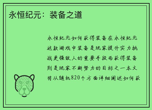 永恒纪元：装备之道