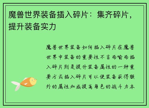 魔兽世界装备插入碎片：集齐碎片，提升装备实力